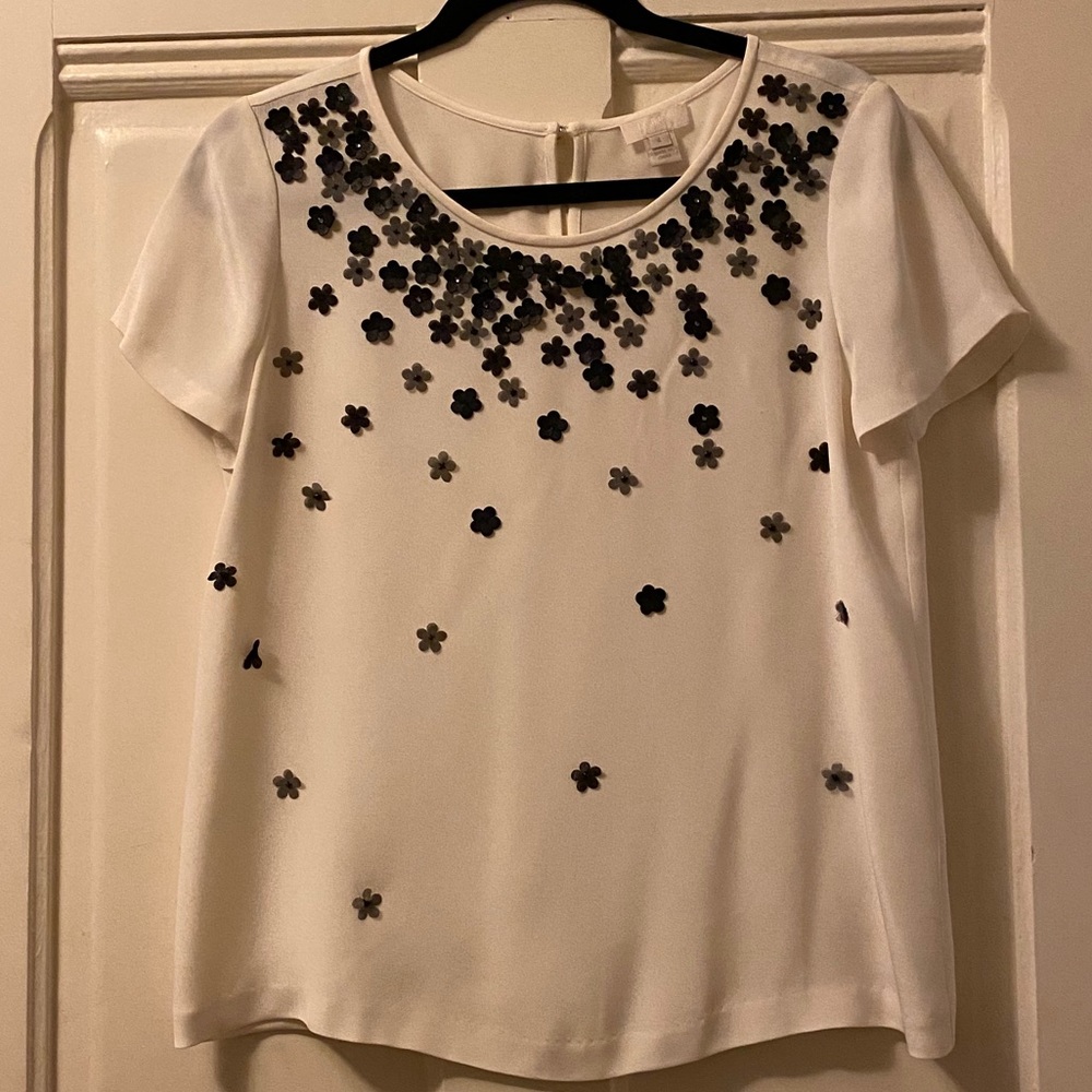White Silk Blouse with Black Flower Appliqués